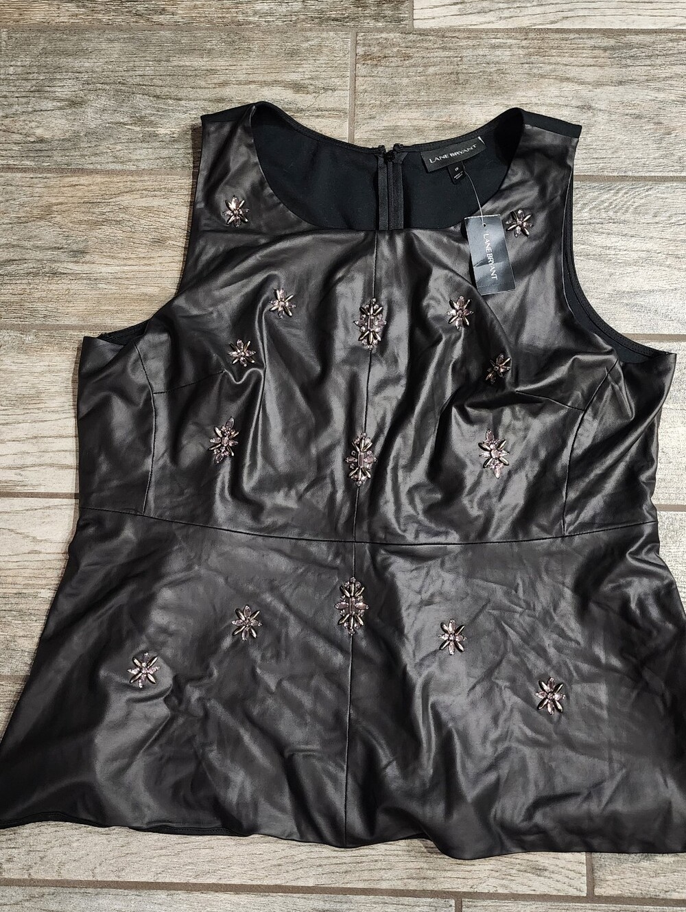 Lane Bryant Black faux leather top with silver floral beaded embellishments Sz18